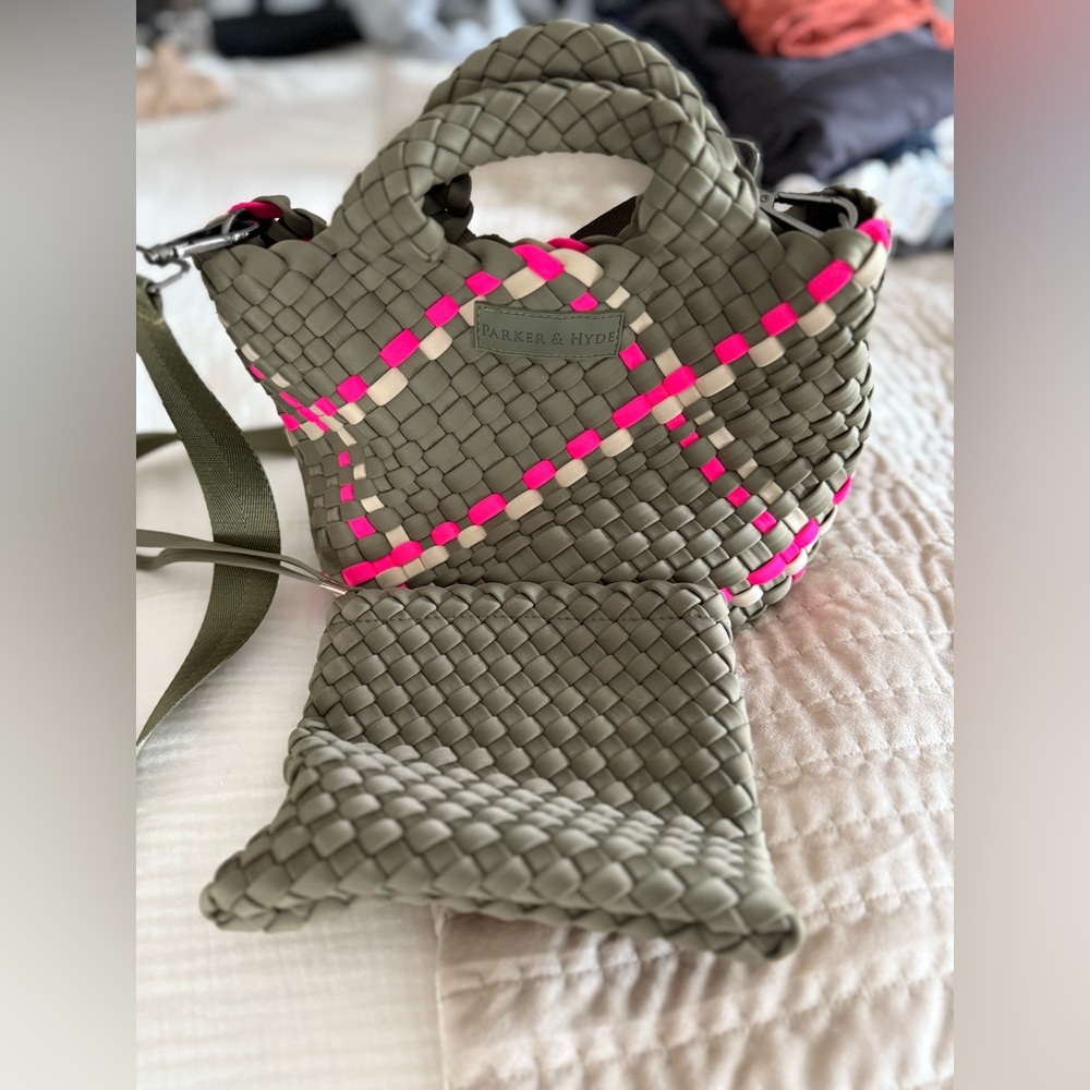 Parker & Hyde Olive Woven Tote with Neon Pink Accent